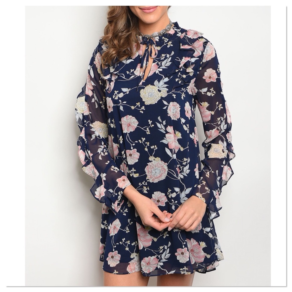 🚨 SALE! Navy Floral Ruffle Sleeve Dress - Picture 2 of 3
